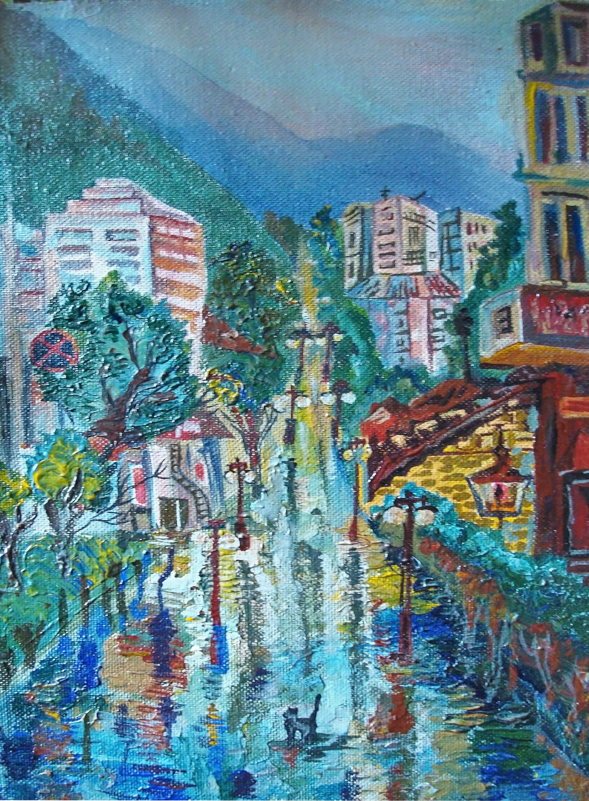 Painting of a Japanese Street after rain
