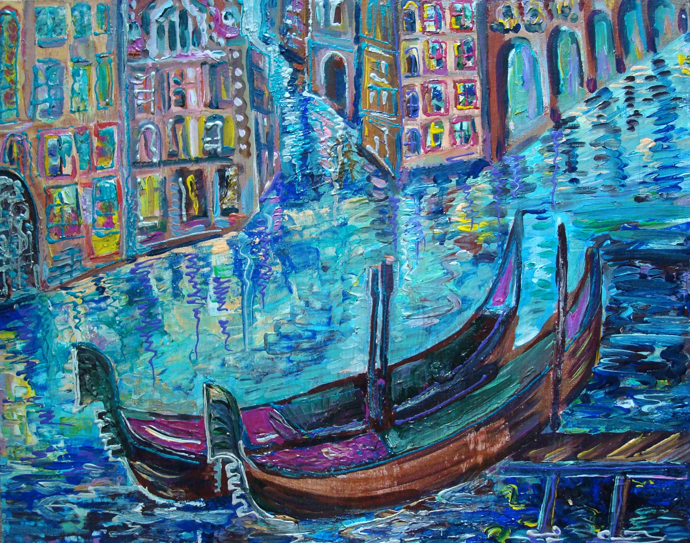 Paintings of boats in a cannal in Venice